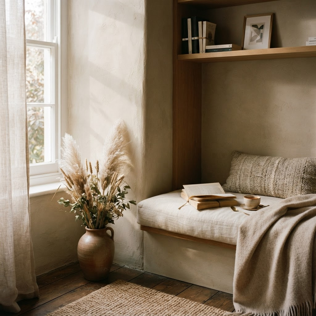 A cozy reading nook bathed in warm morning light